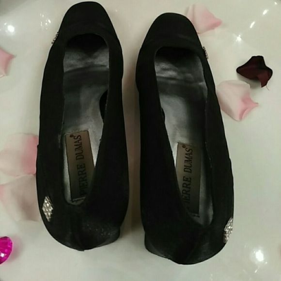 🎩 Pierre Dumas 10 sz block heels rhinestones black satin shoes for party holiday - Picture 12 of 13